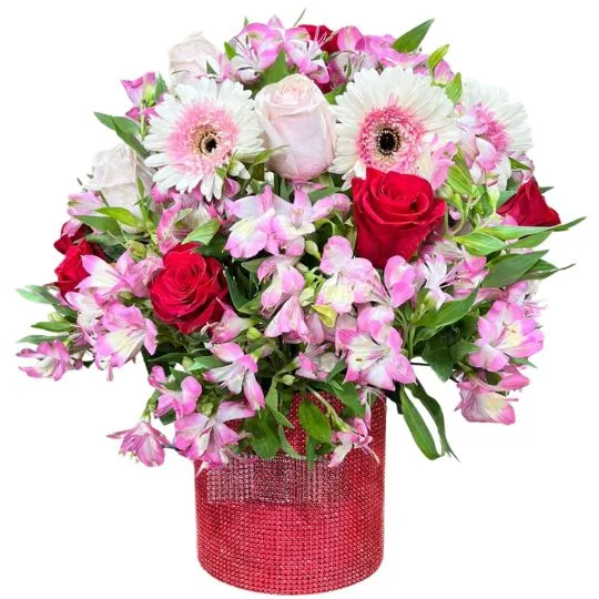 caja pote strass red con rosas y flores de estacion